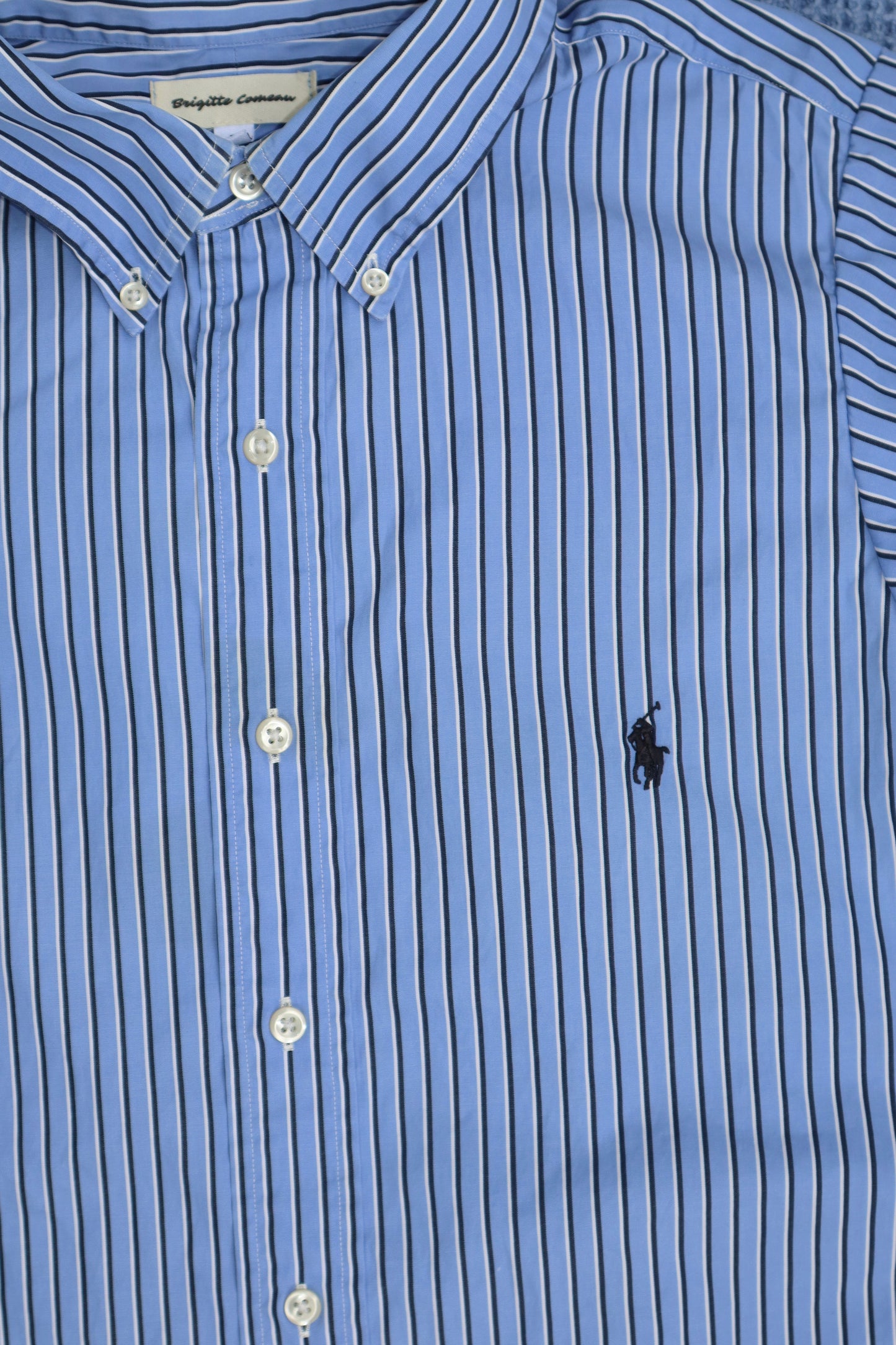 Large blue striped upcycled button up dress