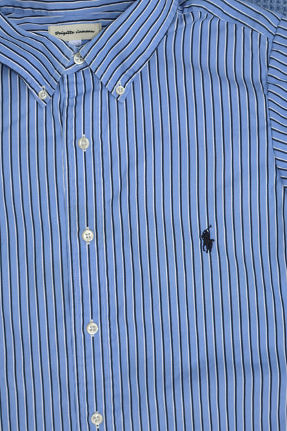 Large blue striped upcycled button up dress
