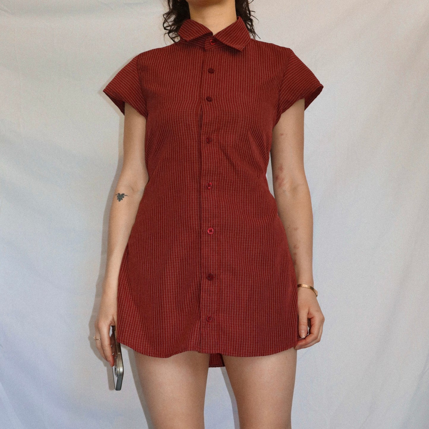 Small red upcycled button up dress