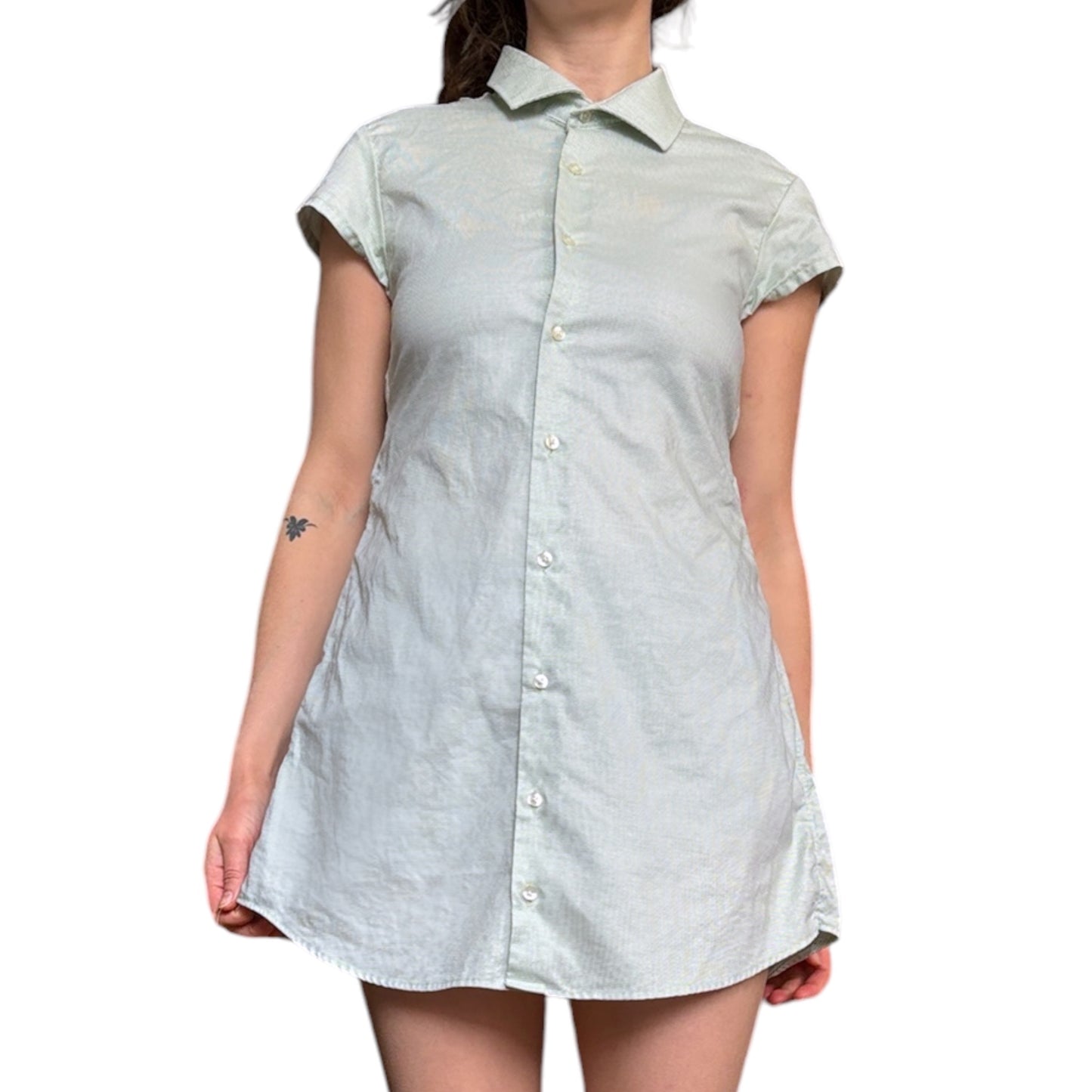 Small sage green upcycled button up dress