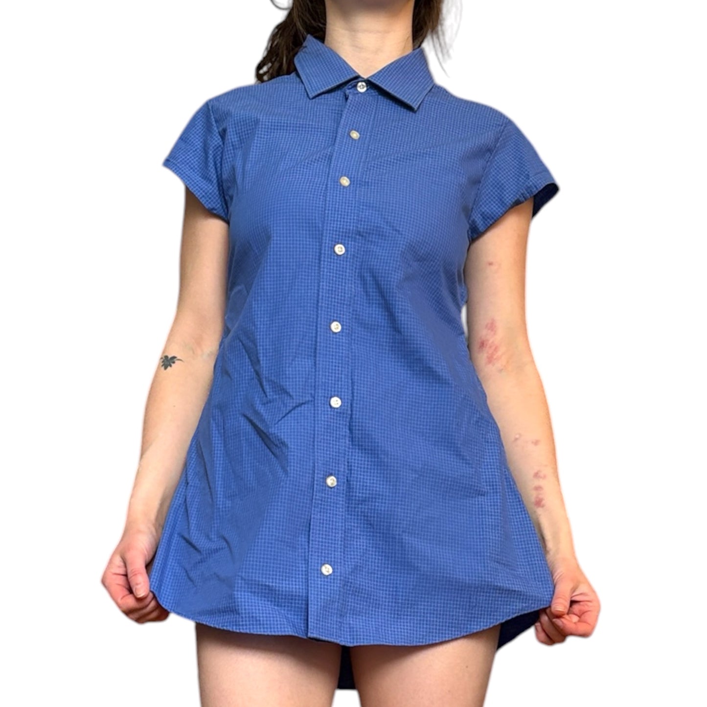 Small blue upcycled button up dress *short*