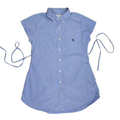 Large blue striped upcycled button up dress