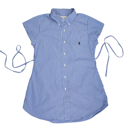 Large blue striped upcycled button up dress