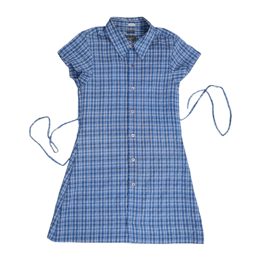 Small blue upcycled button up dress *tall*