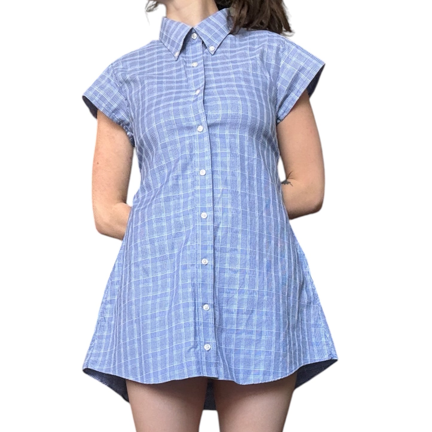 Small blue upcycled button up dress