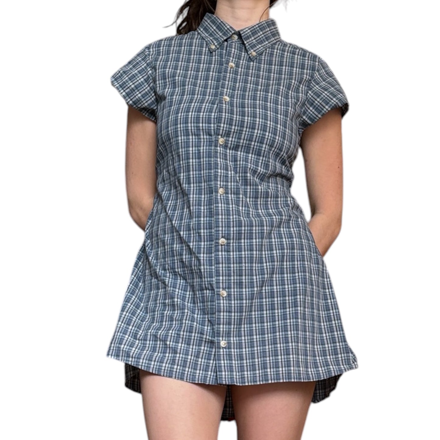 Medium blue plaid upcycled button up dress
