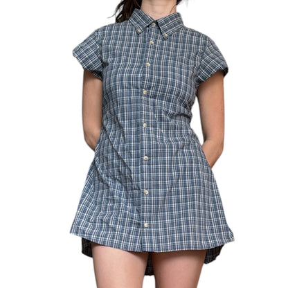 Medium blue plaid upcycled button up dress