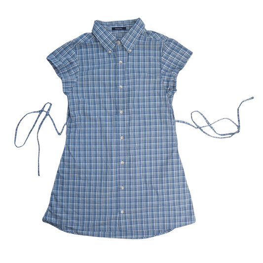Medium blue plaid upcycled button up dress