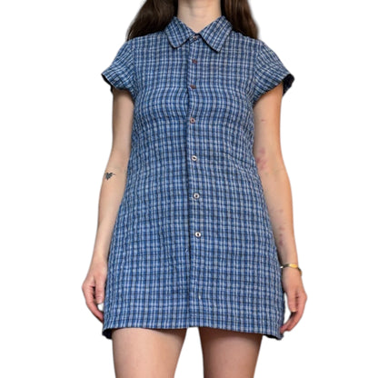 Small blue upcycled button up dress *tall*