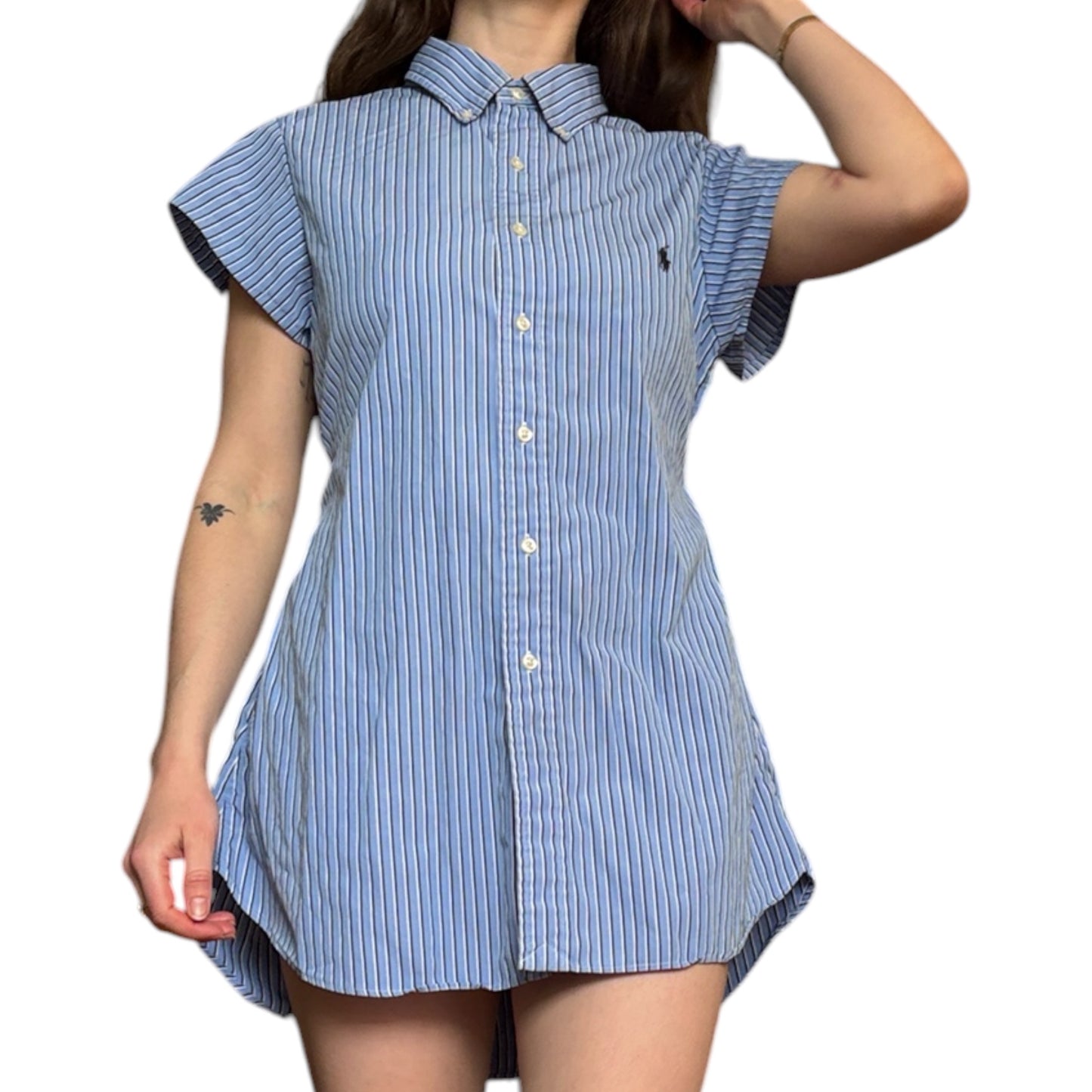 Large blue striped upcycled button up dress