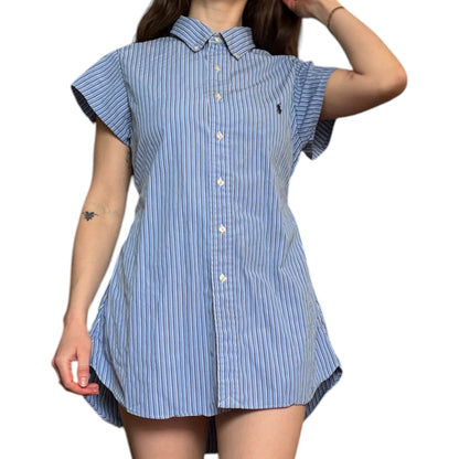 Large blue striped upcycled button up dress